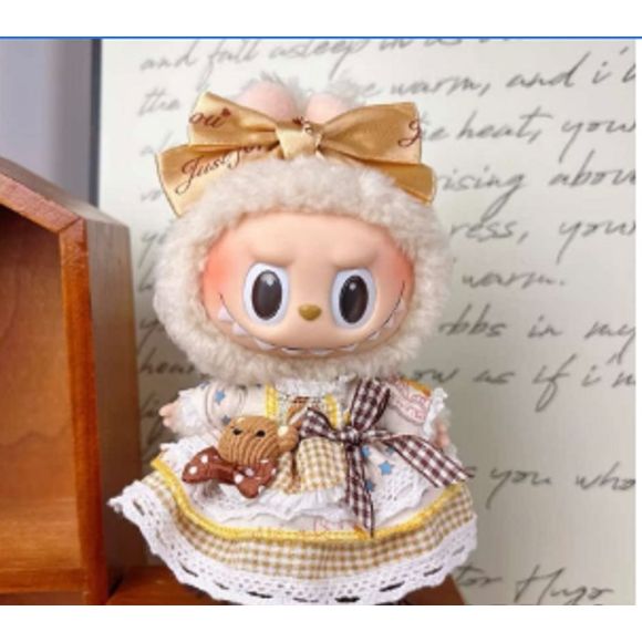 Labubu Bear-ey Nice to Meet You Dress and Bow Outfit (White) - Clothing for Labubu