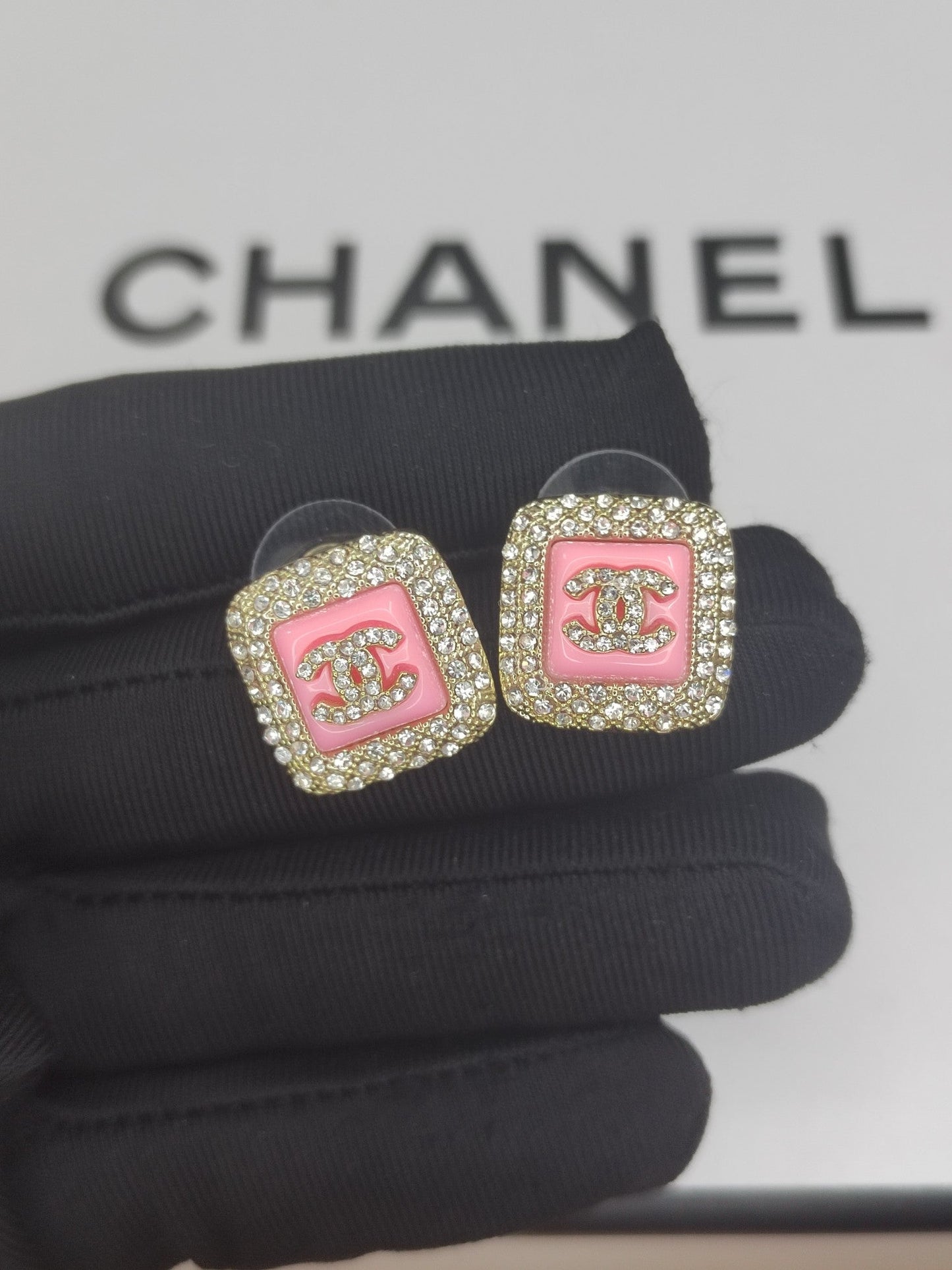 18K Chanel Diamond Square Pink Earrings
