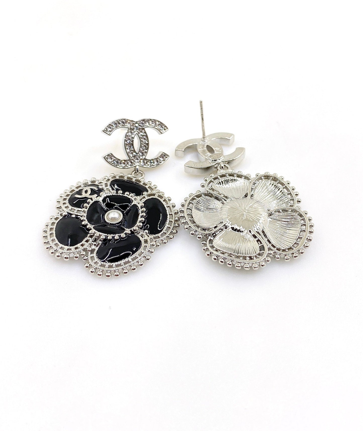 18K Chanel Black Pearl Camellia Earrings