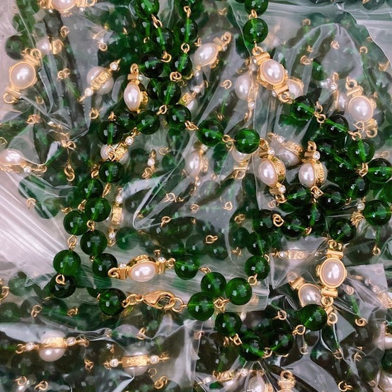 18K Chanel Long Green & White Pearls Necklace