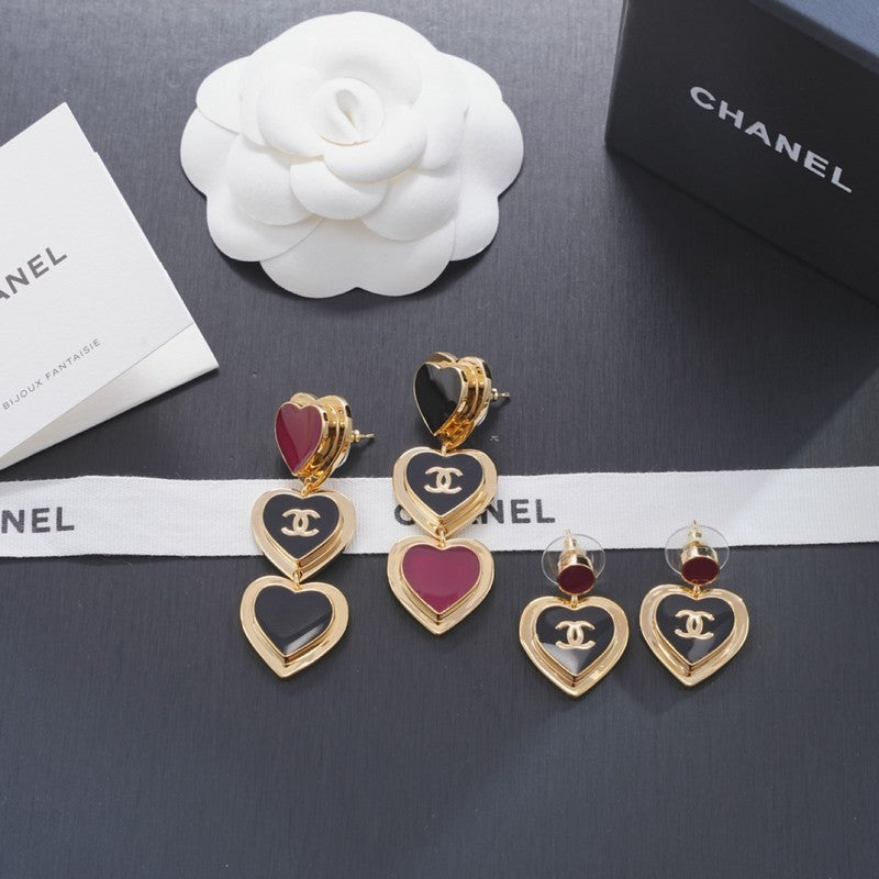 18K Chanel Black & Red Heart Gold Long Earrings