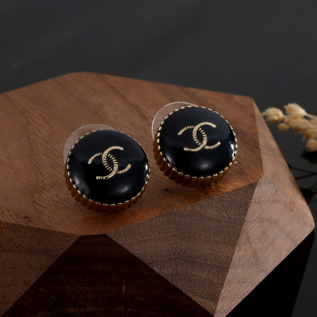 18K Chanel Circle Black Resin Earrings