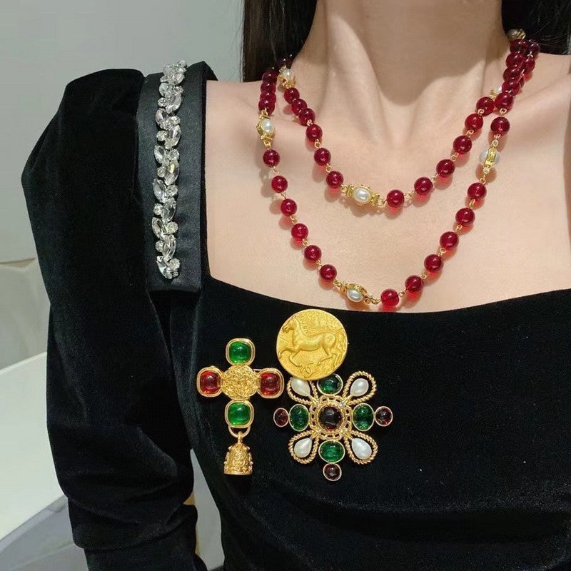 18K Chanel Long Red & White Pearls Necklace