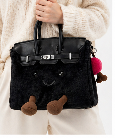 Jellykin™ Fluffy Plush luxury Handbag – All Black Edition