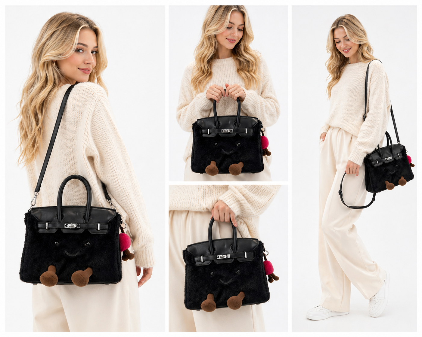 Jellykin™ Fluffy Plush luxury Handbag – All Black Edition