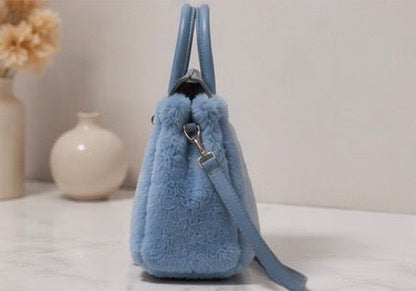Fluffy Plush designer Handbag – Cute Luxury bag light blue