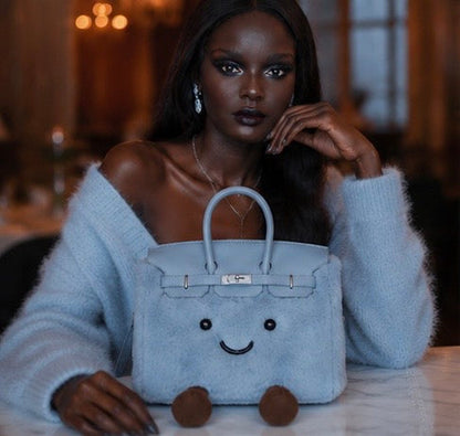 Fluffy Plush designer Handbag – Cute Luxury bag light blue