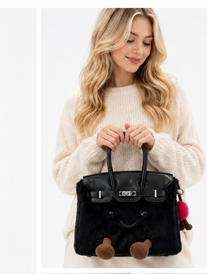 Jellykin™ Fluffy Plush luxury Handbag – All Black Edition
