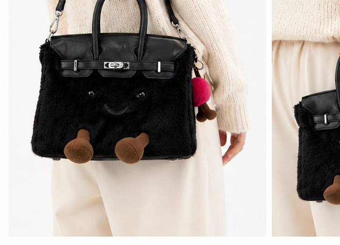 Jellykin™ Fluffy Plush luxury Handbag – All Black Edition