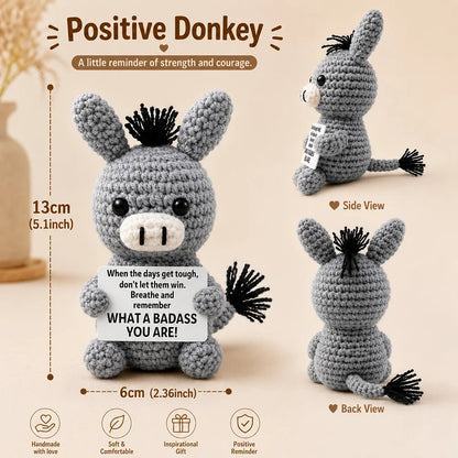 New Handmade Positive Crochet Donkey Animal Doll with Funny Motivational Card Emotional Support Buddy Gift for Friend Coworker