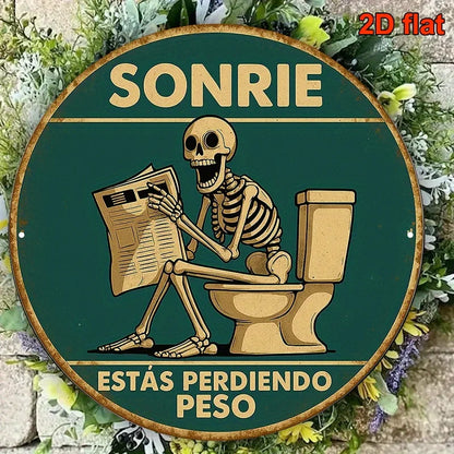 1pc, Round Spanish Aluminum Sign, Retro Decorative Plaque About 'Skeleton Reading on The Toilet', Humorous Toilet Decoration
