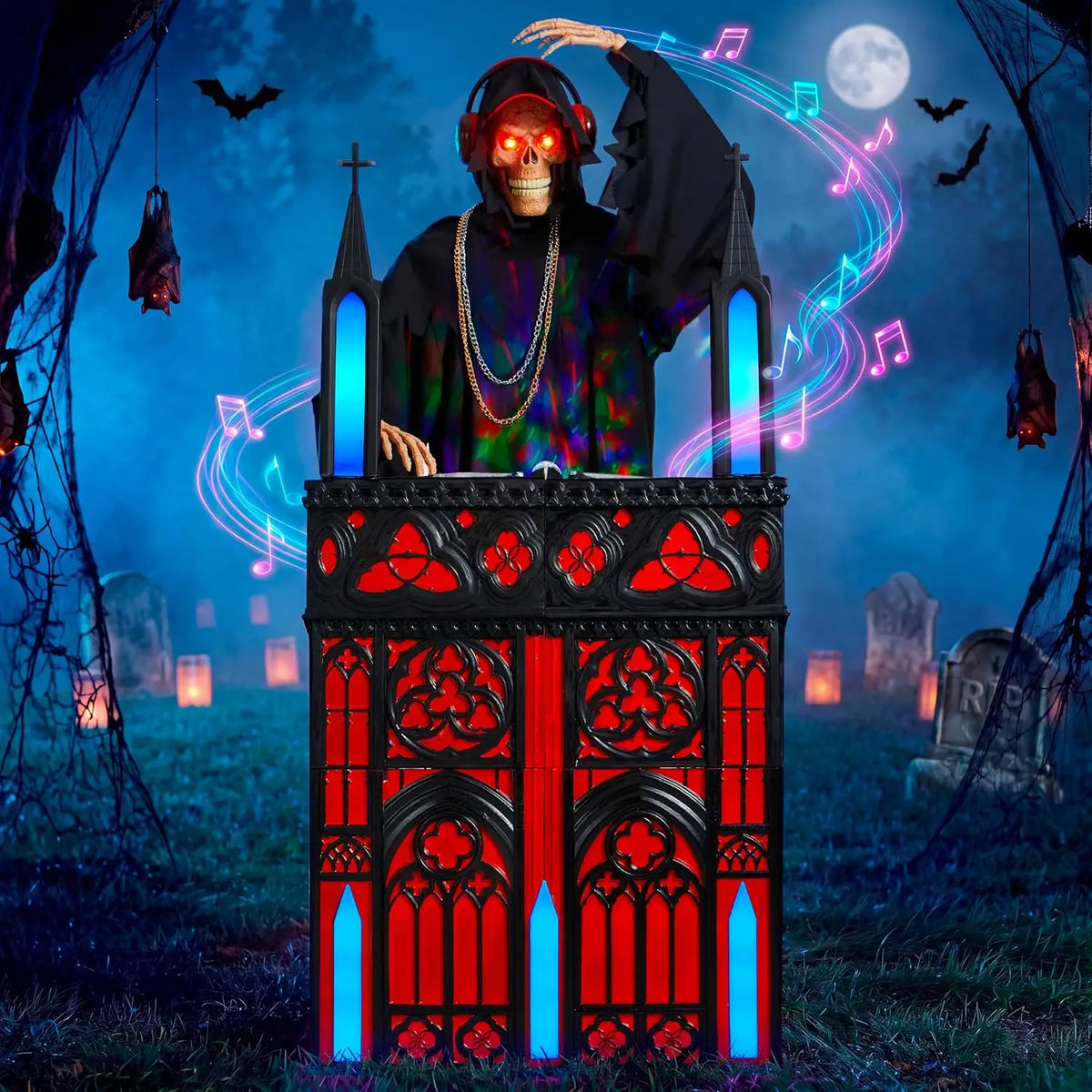 6ft Halloween Animatronic DJ Reaper Decorations Outdoor Life-Size Gothic Skeleton DJ RGB Lights & Motion Activated Head, Creepy Halloween Decor for Yard Garden Lawn