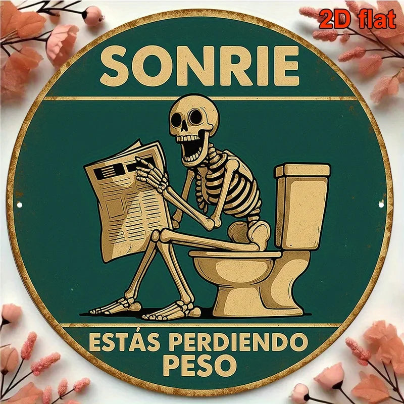 1pc, Round Spanish Aluminum Sign, Retro Decorative Plaque About 'Skeleton Reading on The Toilet', Humorous Toilet Decoration