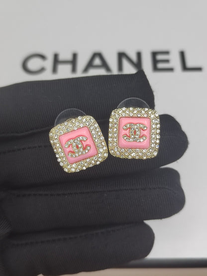18K  Chanel Diamond Square Pink Earrings