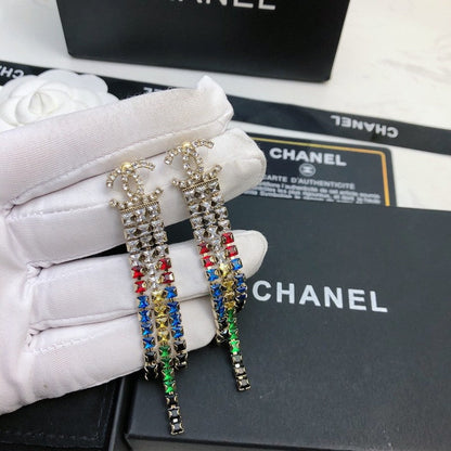 18K  Chanel Long Tassel Color Crystal Earrings