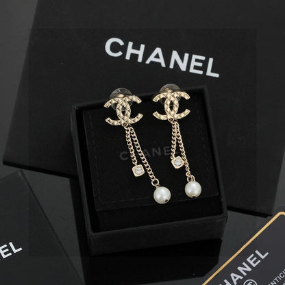18K  Chanel Long Pearl Pendant Earrings