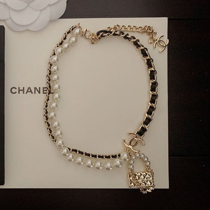 18K  Chanel Pearl Leather Bag Pendant Necklace