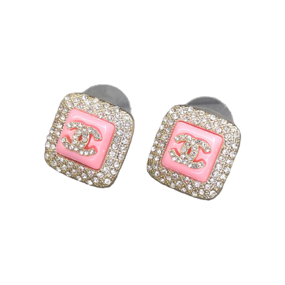18K  Chanel Diamond Square Pink Earrings