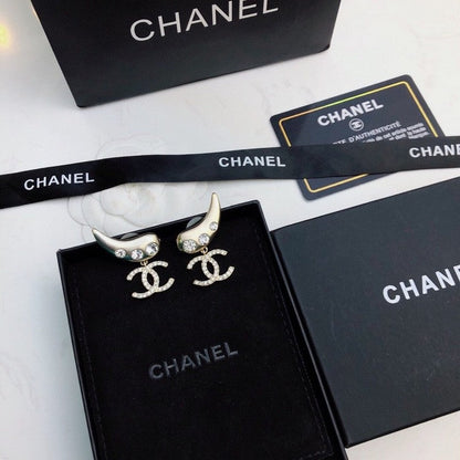 18K  Chanel Feather Diamond Gold Earrings