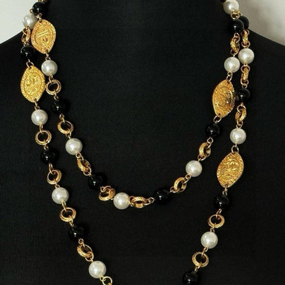 18K  Chanel Long Black & White Pearls Necklace