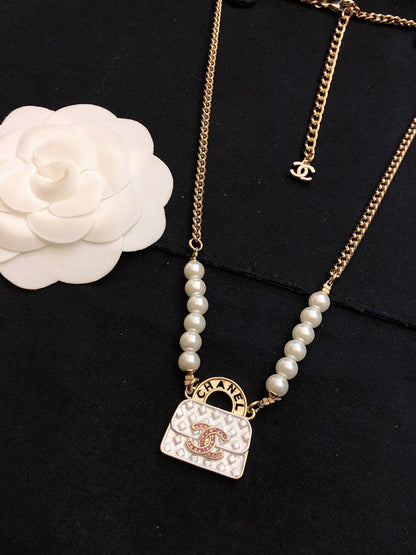 18K  Chanel Pearls Bag Pendant Necklace