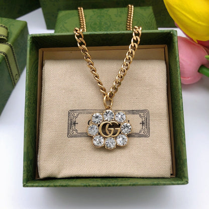 18K Double Gucci Flower Crystals Necklace