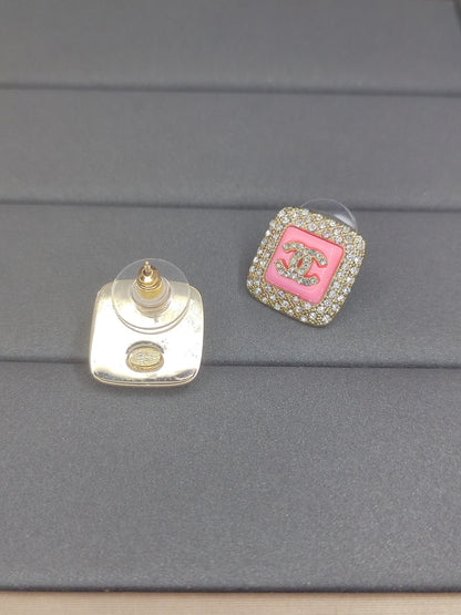 18K  Chanel Diamond Square Pink Earrings