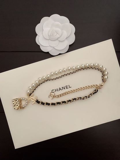 18K  Chanel Pearl Leather Bag Pendant Necklace