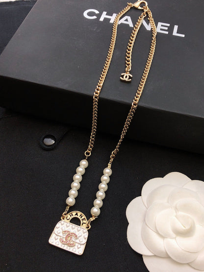 18K  Chanel Pearls Bag Pendant Necklace