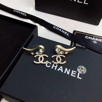 18K  Chanel Feather Diamond Gold Earrings