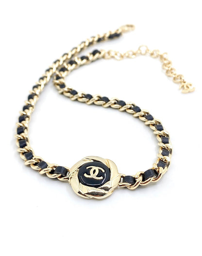 18K  Chanel Rhinestone Leather Choker Necklace