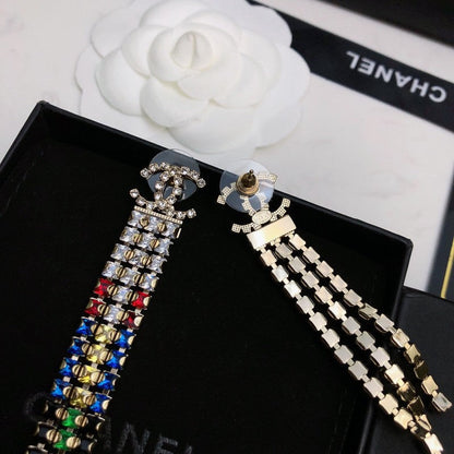 18K  Chanel Long Tassel Color Crystal Earrings