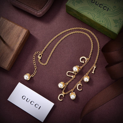 18K Double Gucci Logo Plaque Embellished Pearl Necklace