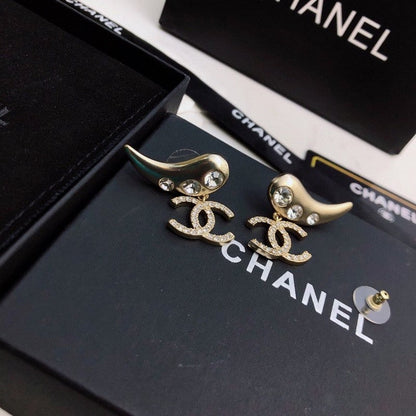 18K  Chanel Feather Diamond Gold Earrings