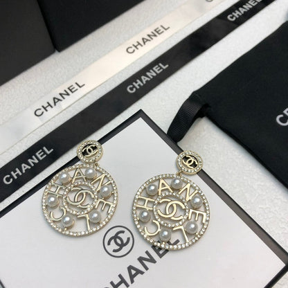 18K  Chanel Circle Pearl Pendant Earrings