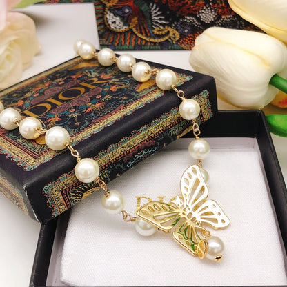 18K Dior Butterfly Pearl Chain Necklace